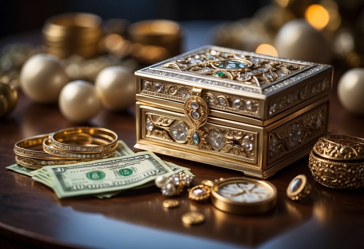 A custom jewelry box sits on a table, adorned with intricate designs and sparkling gems. A stack of bills is placed next to it, representing a monetary gift for a bridal shower