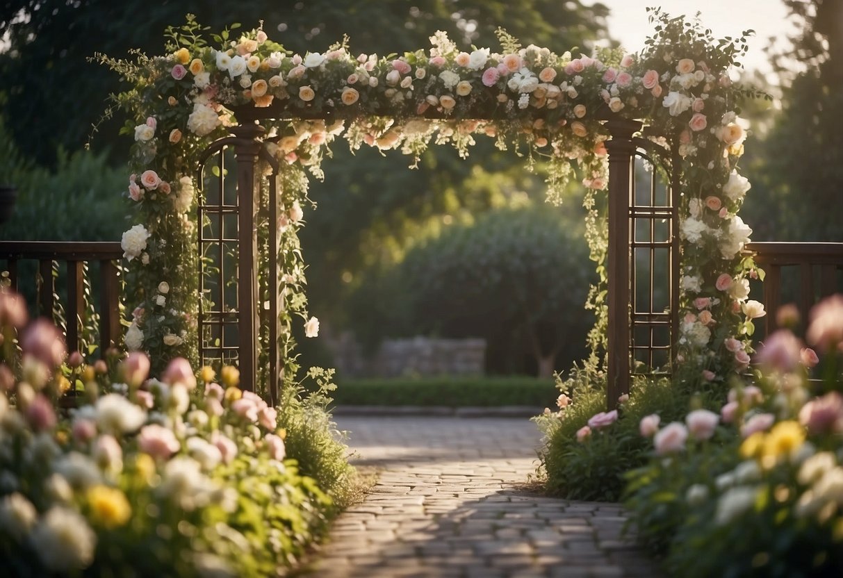 A garden gate trellis adorned with flowers and ribbons, creating a romantic and enchanting backdrop for a wedding ceremony