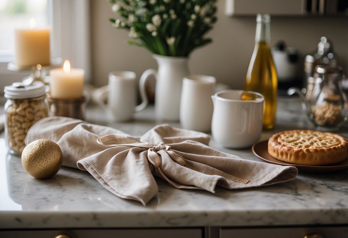 A personalized apron lies on a kitchen counter, surrounded by bridal shower gifts and decorations