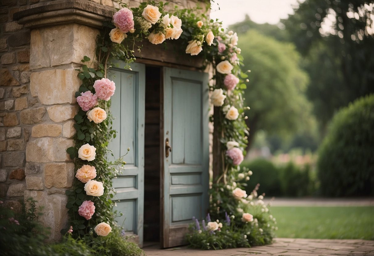 A weathered vintage door frame serves as a trellis for climbing flowers. Rustic charm meets romantic elegance in this wedding decor idea