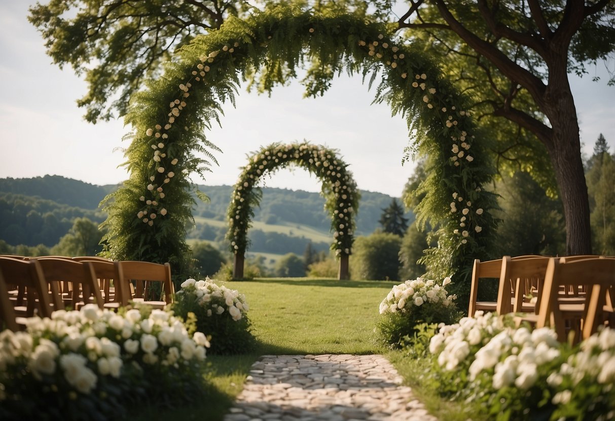 A simple wooden arch adorned with lush greenery, creating a minimalist and natural wedding trellis