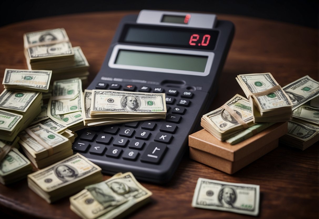 A table with various gift options, a stack of cash, a calculator, and a thoughtful expression on a person's face