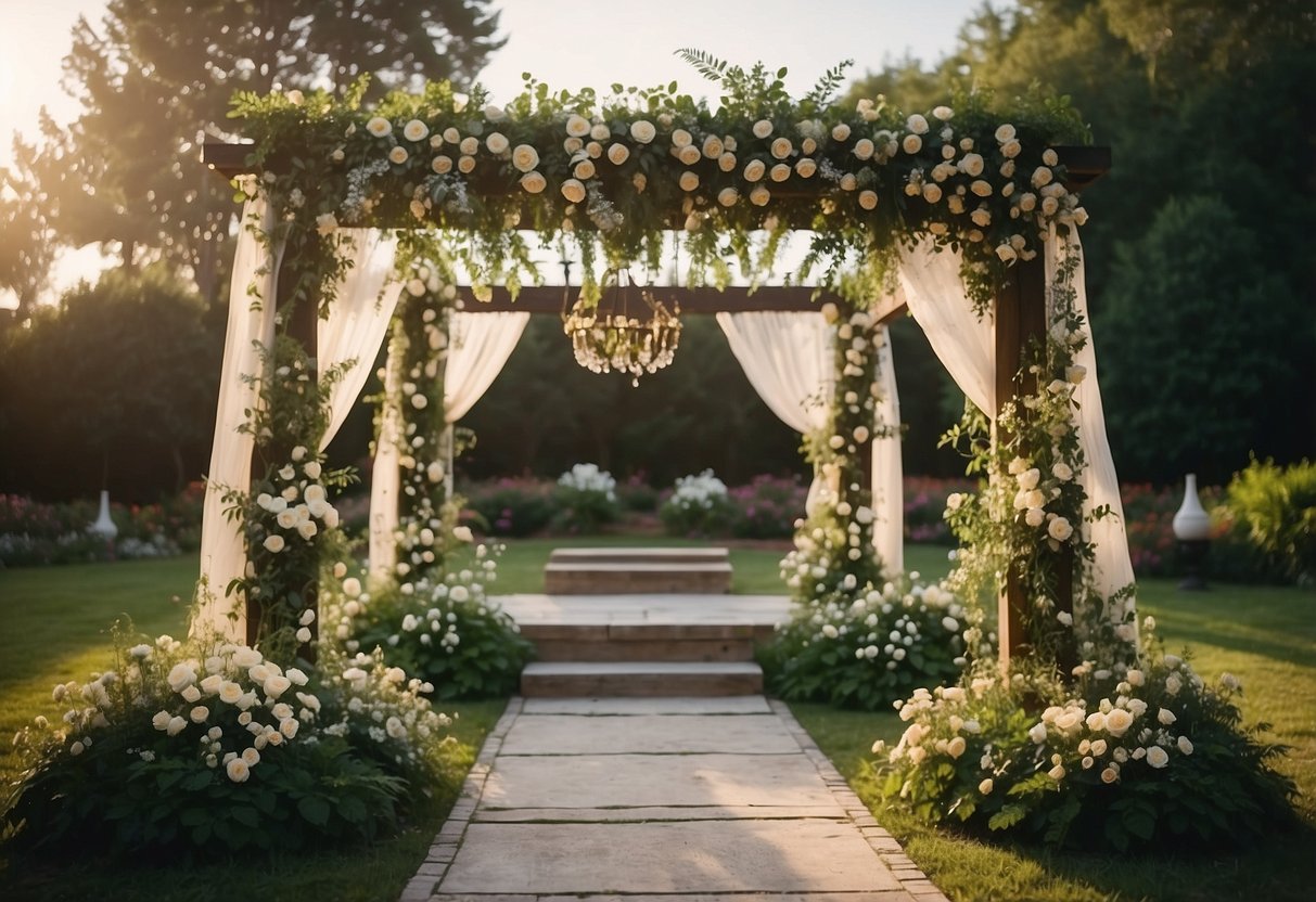 A beautiful garden wedding trellis adorned with flowers and draped fabric, surrounded by lush greenery and twinkling lights