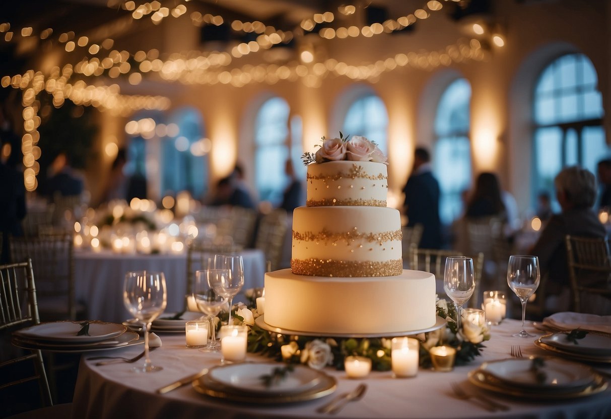 A beautifully decorated venue with a grand cake, elegant centerpieces, and twinkling fairy lights. Guests mingle, laugh, and raise their glasses in celebration