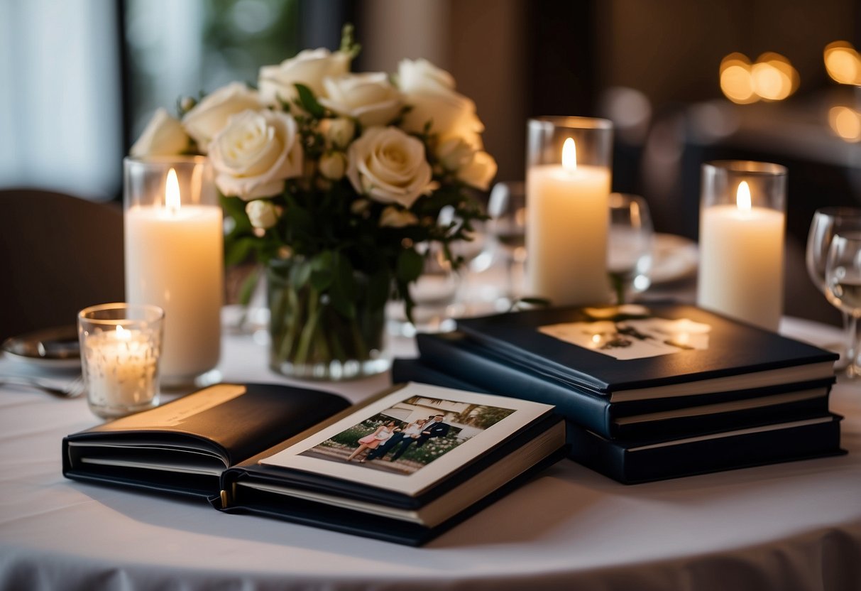 A table set with a personalized photo album, surrounded by elegant floral centerpieces and soft candlelight, creating a warm and intimate atmosphere for a wedding anniversary party