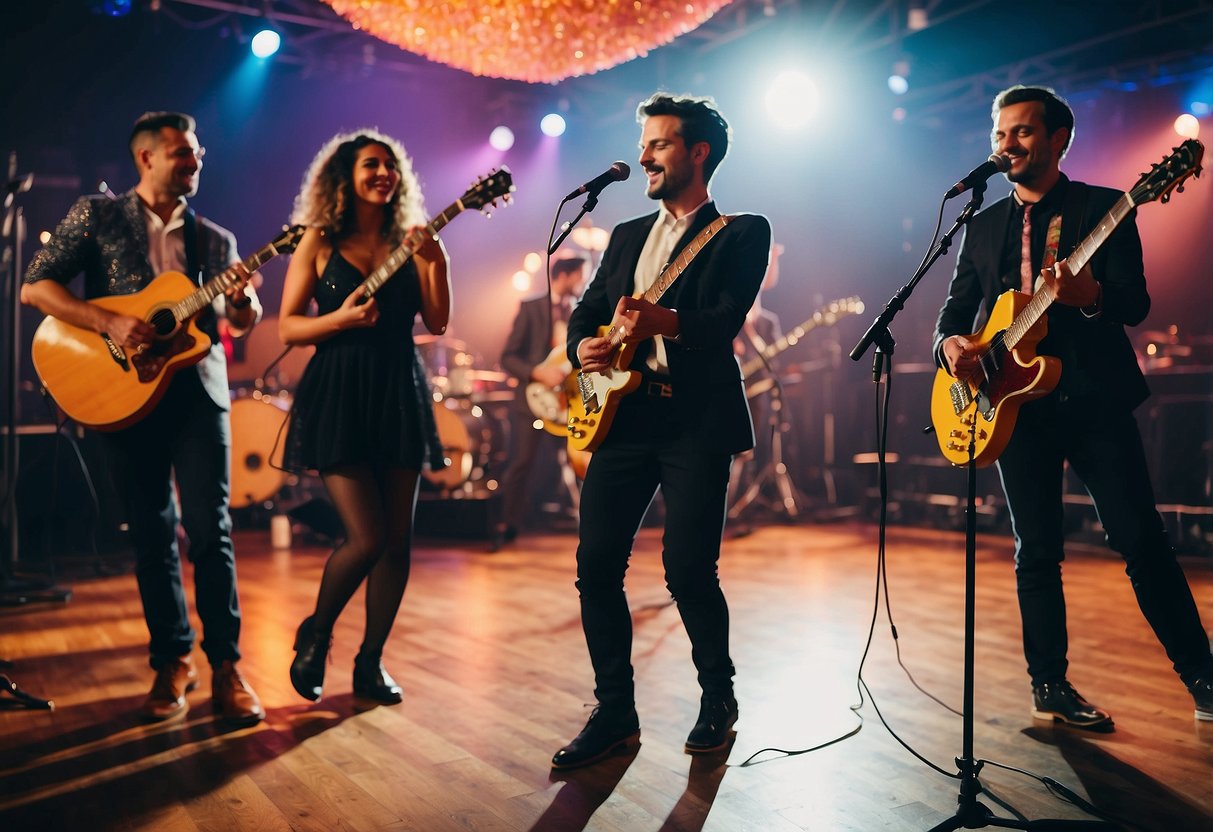 A live music band performs on stage at a vibrant wedding anniversary party, with colorful decorations, dancing guests, and a festive atmosphere