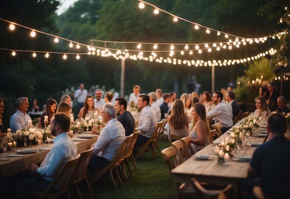 A festive outdoor garden party with twinkling lights, elegant table settings, and a live band playing romantic music for Destination Celebration wedding anniversary