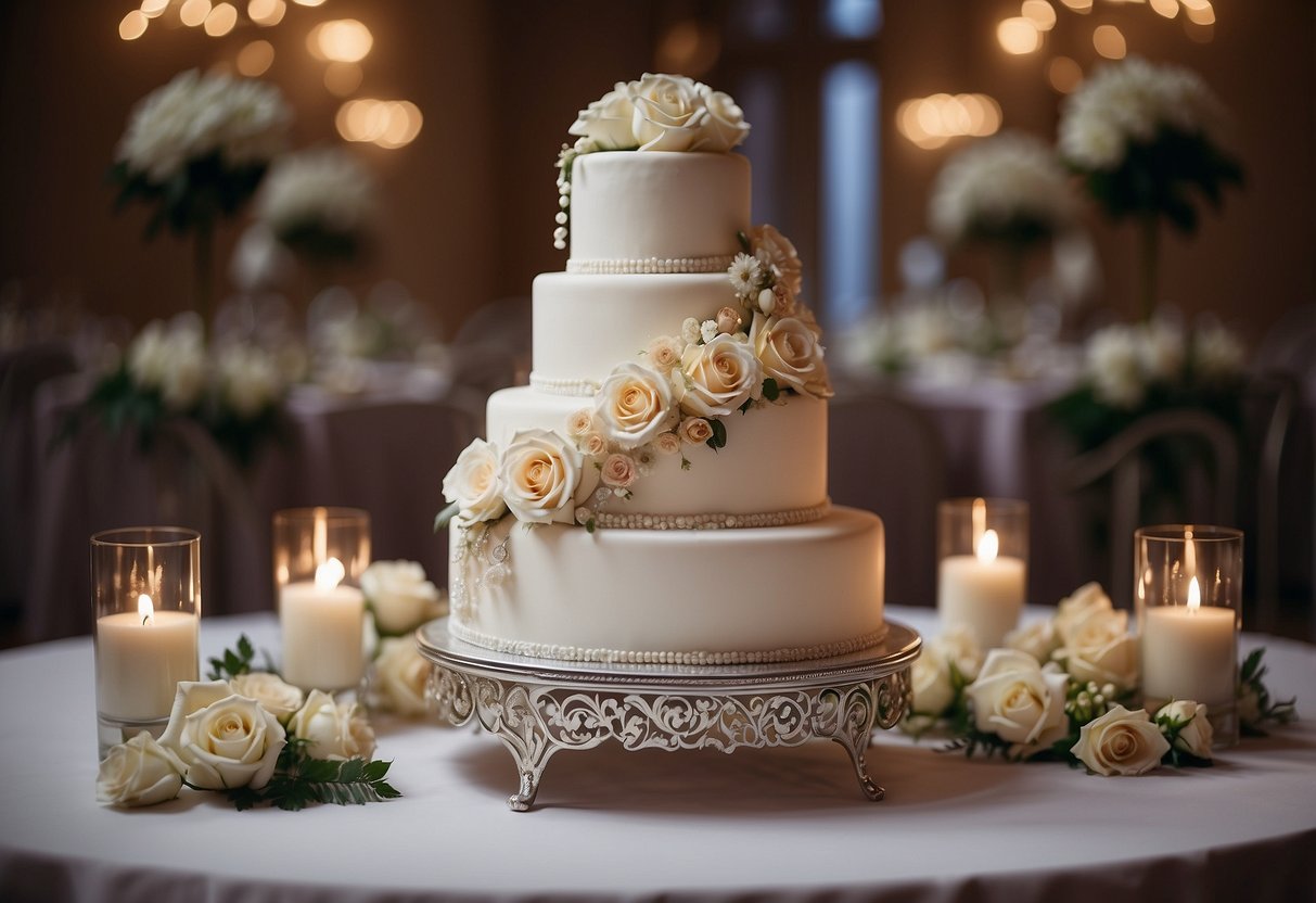 A three-tiered wedding cake adorned with elegant floral decorations and intricate piping designs. The cake is displayed on a polished silver stand, with soft lighting highlighting its beauty