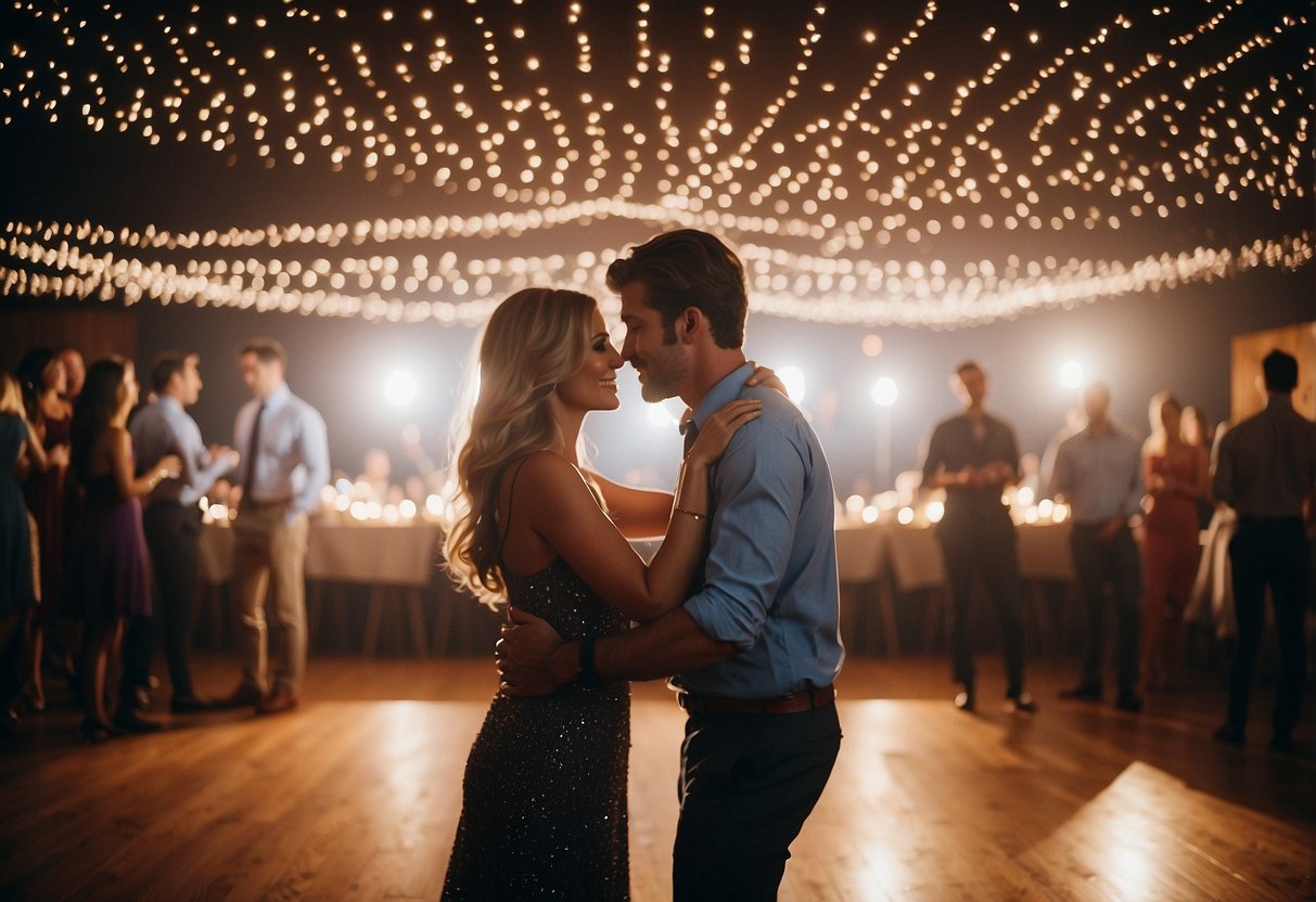 A couple dancing under twinkling lights at their anniversary party