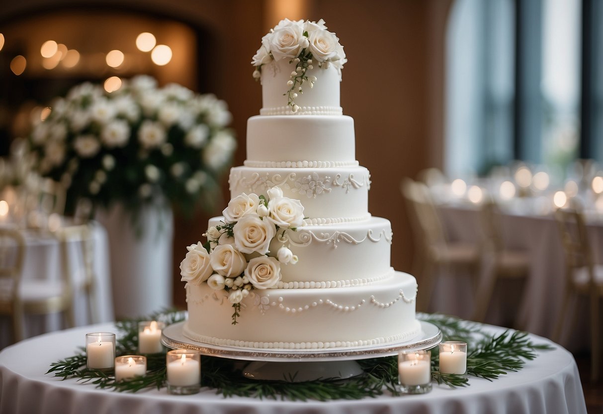 A three-tiered white fondant wedding cake stands on a table, adorned with delicate floral decorations and intricate piping details