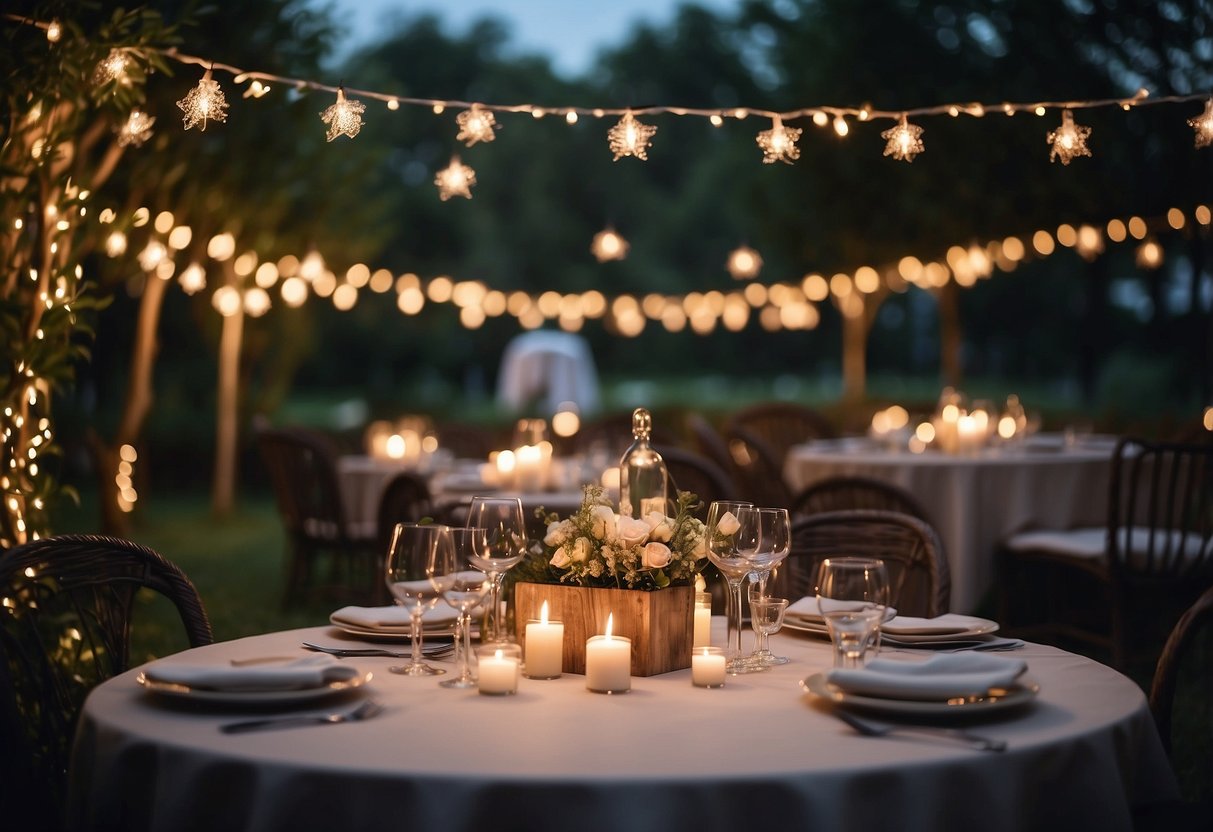 A charming garden with twinkling lights and elegant tables set for a romantic dinner under a starry night sky