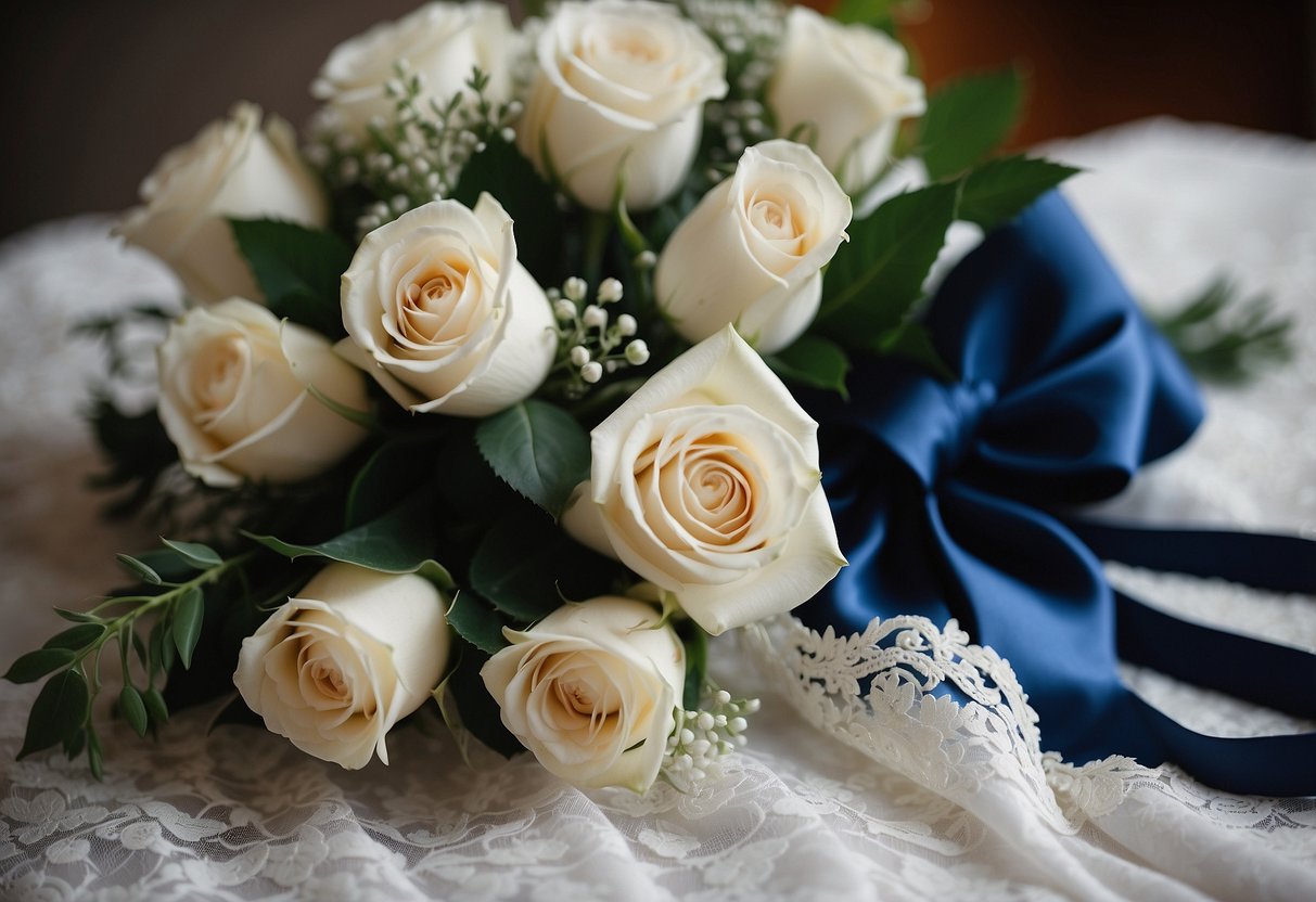 A blue garter draped over a bouquet of white roses and greenery, sitting on a lace tablecloth