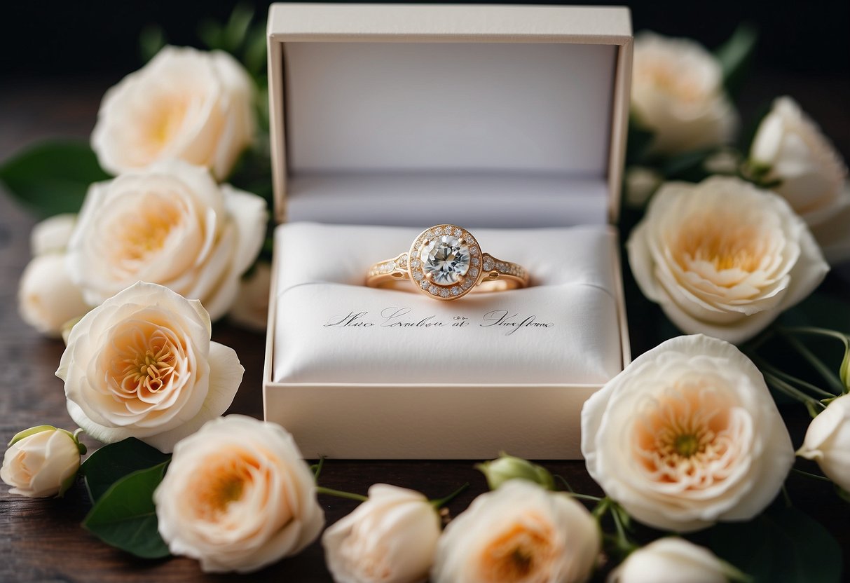 A wedding gift box with customized vows, surrounded by delicate flowers and elegant calligraphy