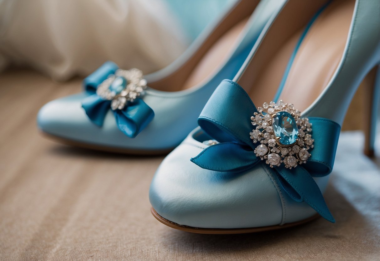 A pair of blue shoe clips attached to elegant wedding shoes, adding a touch of "something blue" to the bride's ensemble