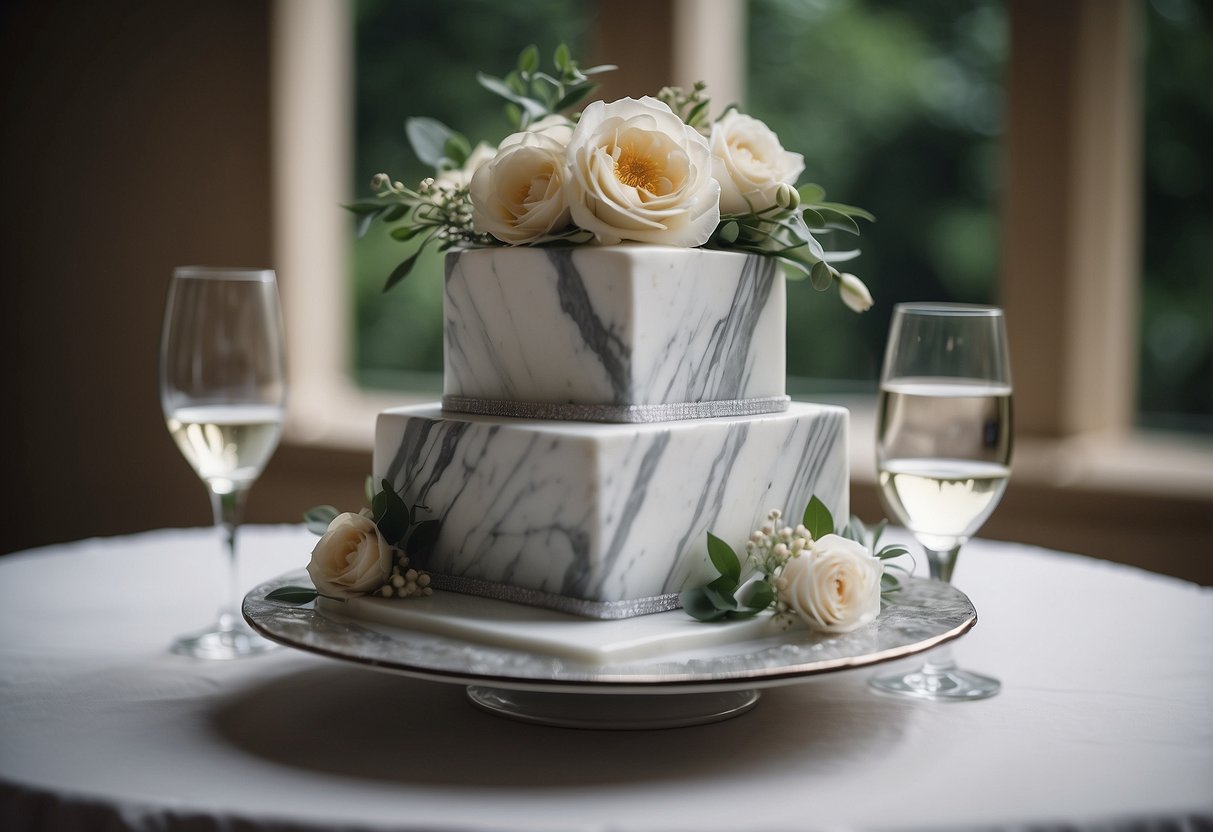 A three-tiered square wedding cake with a marble effect in shades of white and grey, adorned with delicate edible flowers and greenery