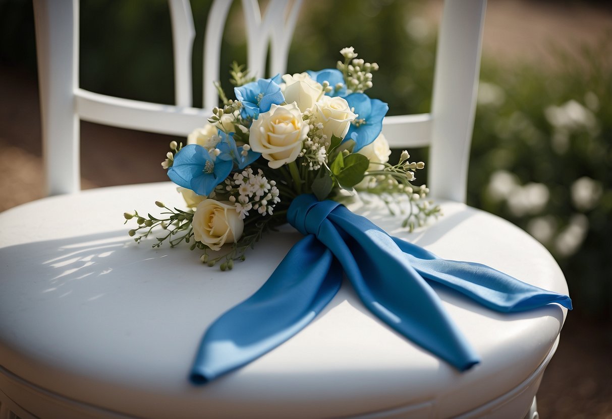 A blue handkerchief tied to a bouquet, draped over a chair, or wrapped around a cake at a wedding