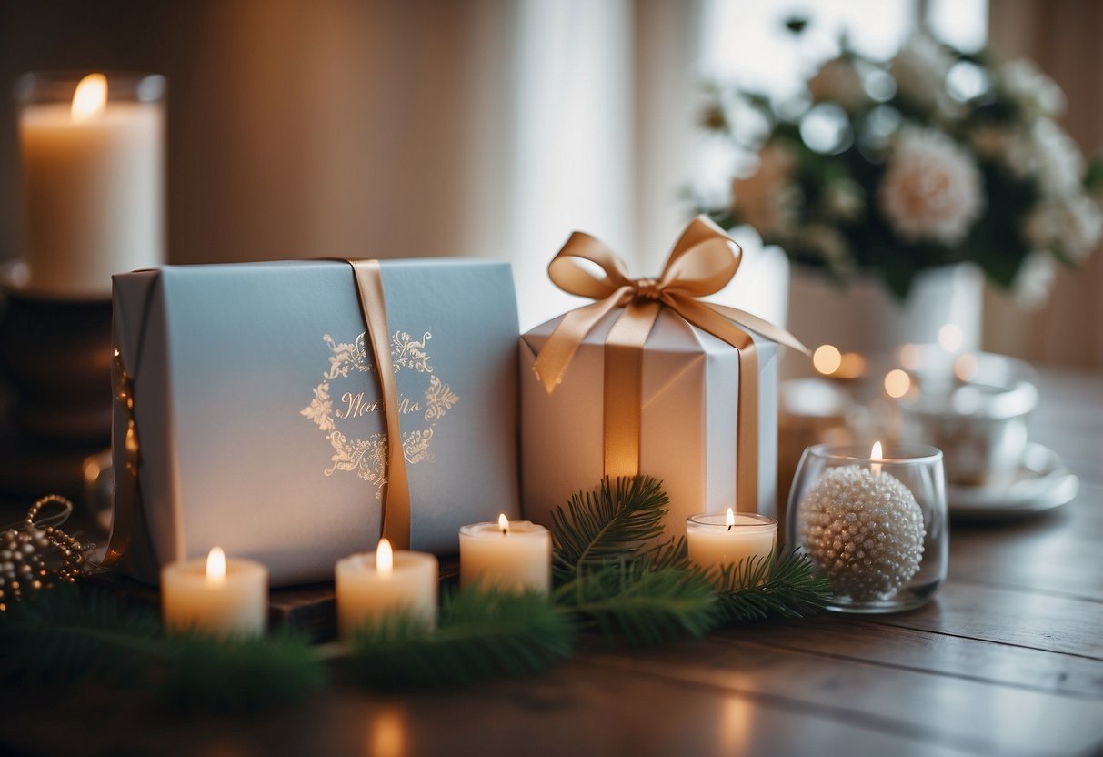 A gift-wrapped luxury spa set surrounded by wedding decorations and a card from the bride's parents