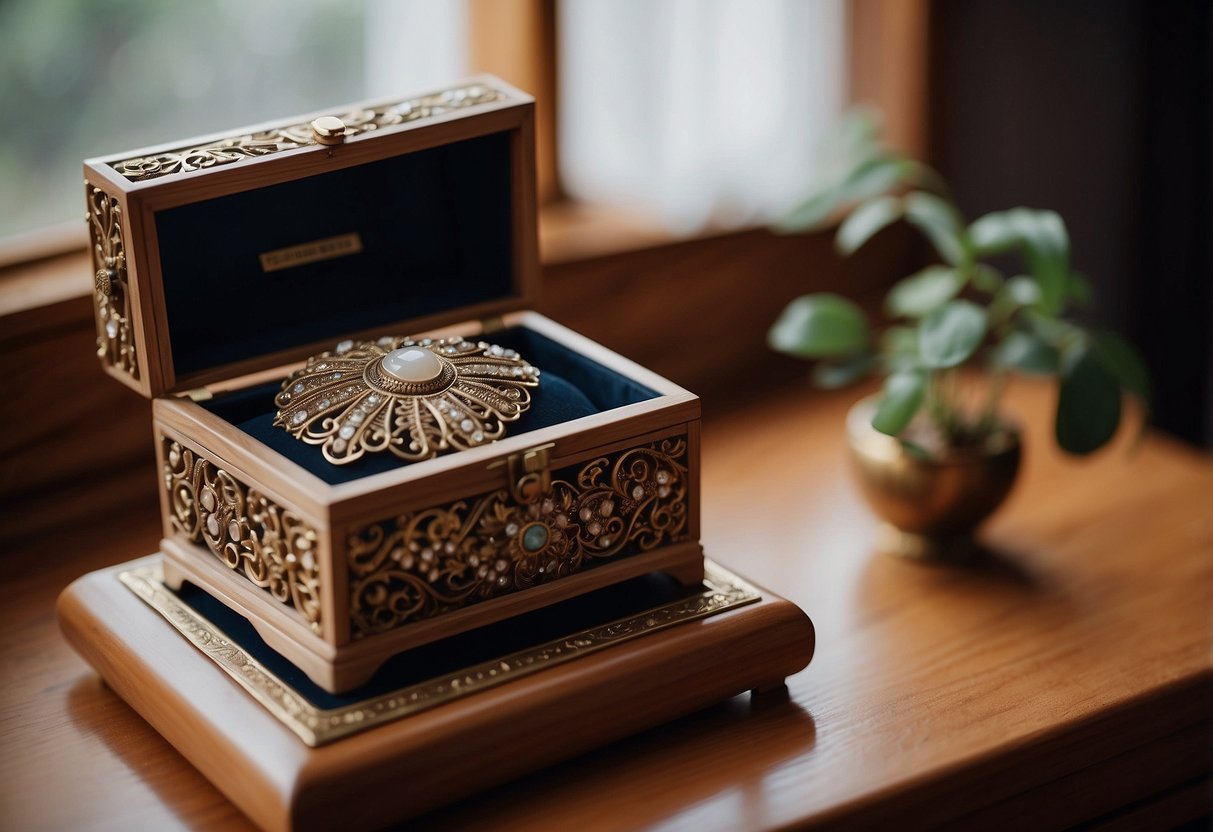 A handcrafted memory box sits on a table, adorned with intricate designs and delicate details. It is a wedding gift from parents to their daughter, the bride