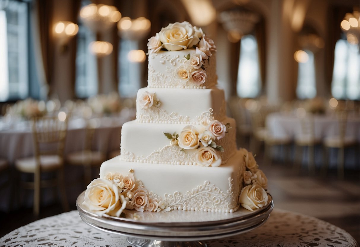 A three-tiered wedding cake with vintage ruffle square design, adorned with delicate flowers and lace details