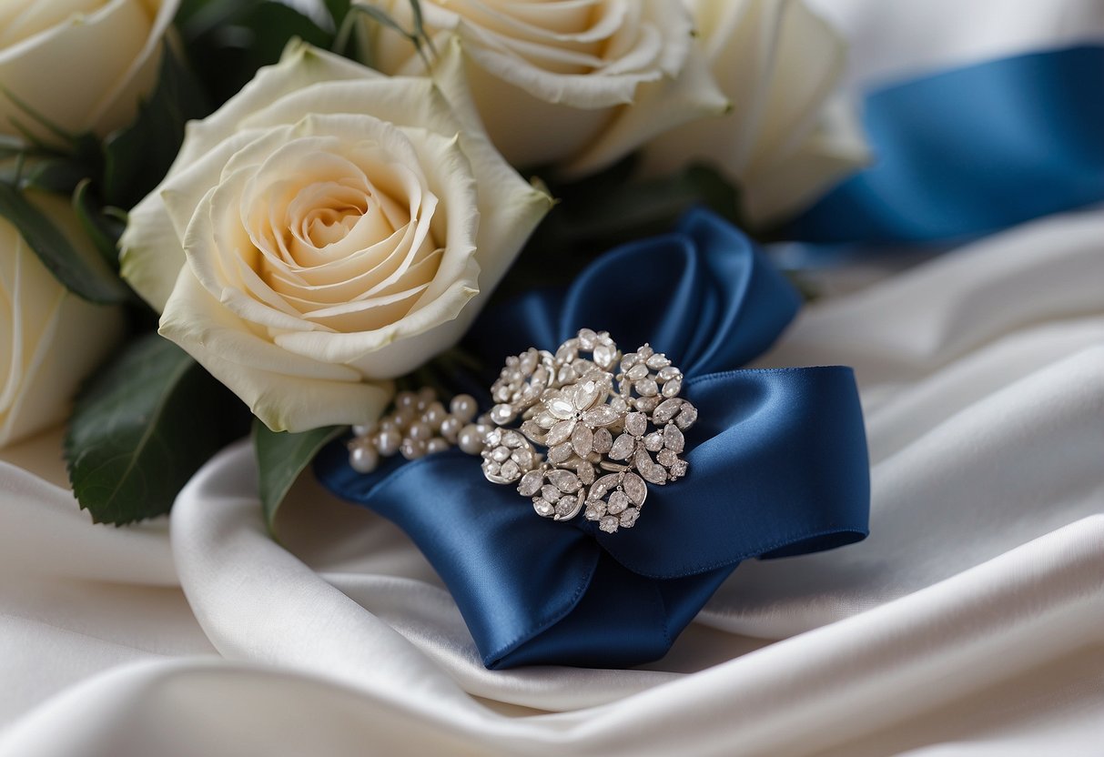 A blue garter draped over a bouquet of white roses and tied with a satin ribbon