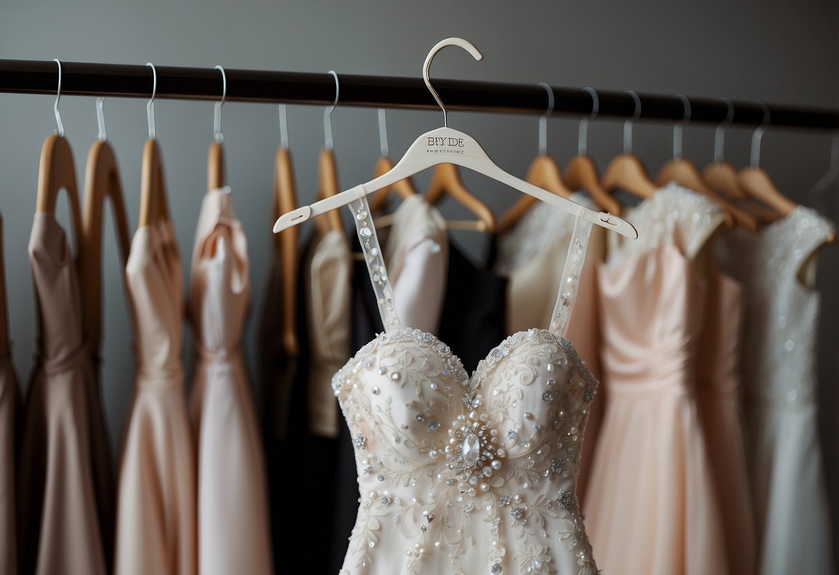 A custom bride hanger hangs on a hook, surrounded by wedding gifts from parents