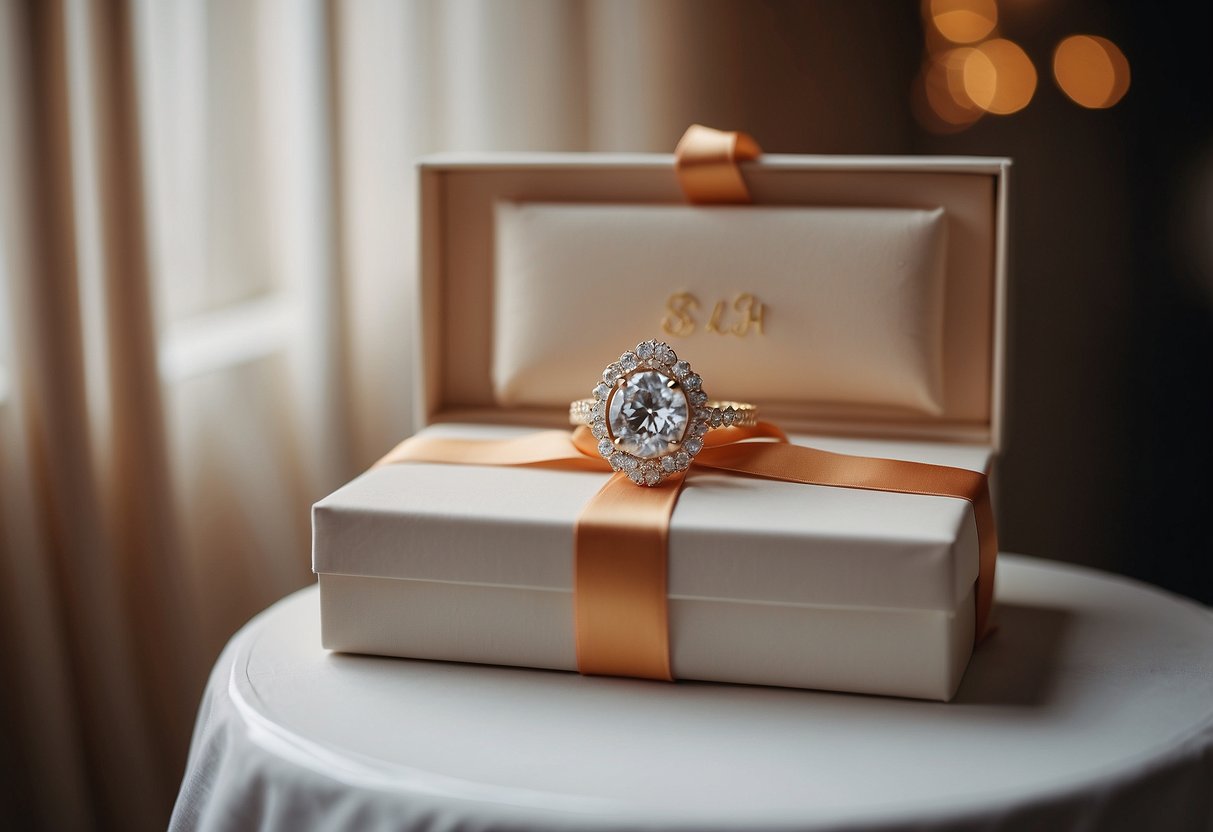 A gift box with monogrammed robes sits on a table, ready to be presented to the bride at her wedding