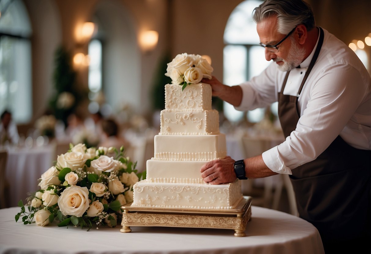 A baker carefully selects a tiered square wedding cake, adorned with elegant floral decorations and intricate piping details