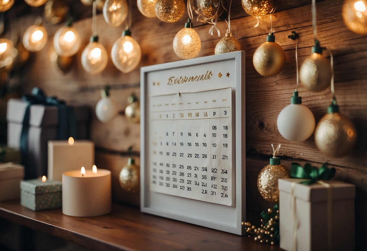 A wedding countdown calendar hangs on the wall, surrounded by gift boxes and a note from the bride's parents