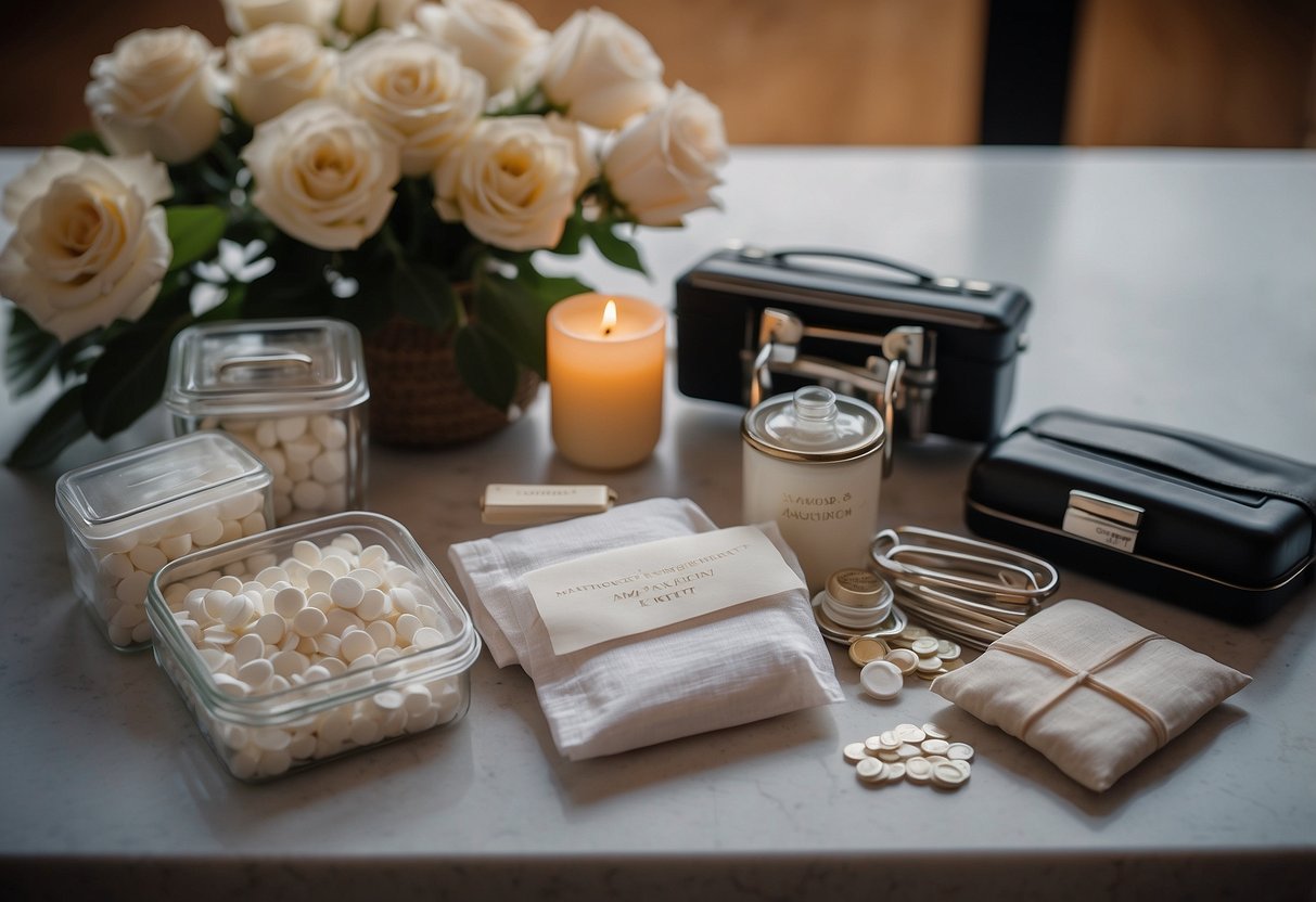 A table displays a Bride's Emergency Kit with items such as tissues, safety pins, and breath mints. Parents consider buying it as a wedding gift for the bride