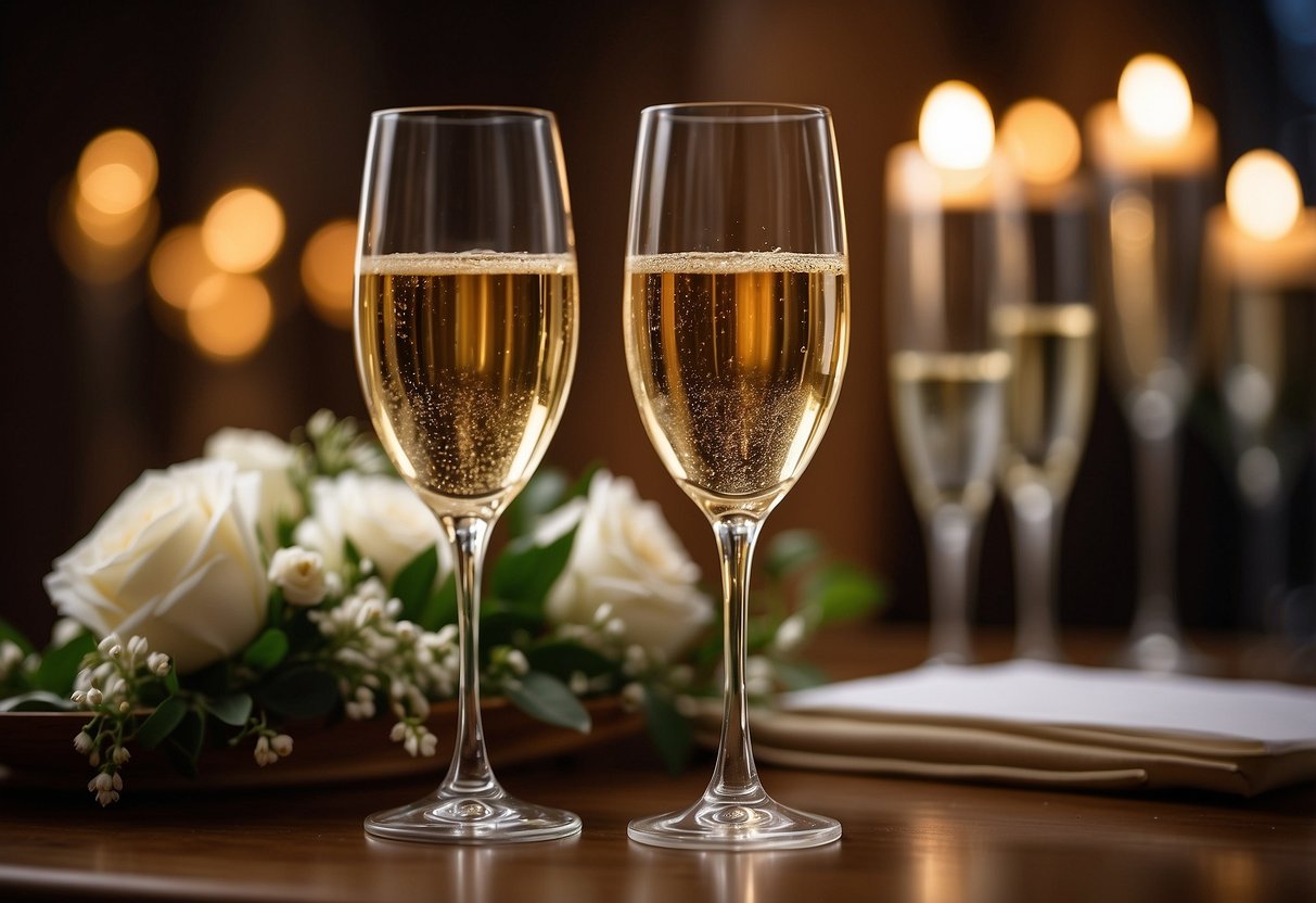 Two elegant champagne flutes with personalized engravings sit on a polished wooden table, surrounded by delicate floral arrangements and soft candlelight