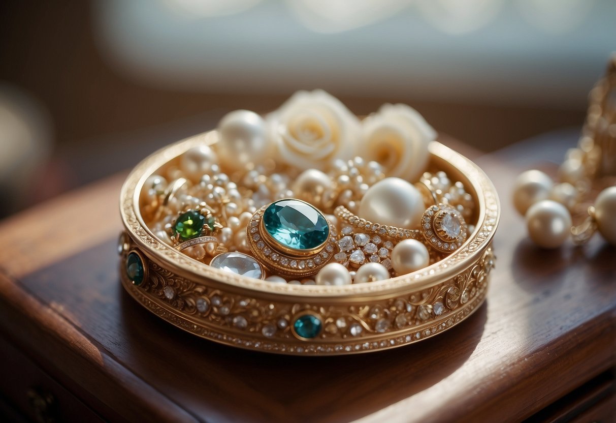 A delicate jewelry dish sits on a dresser, adorned with sentimental trinkets. A wedding gift from parents to the bride