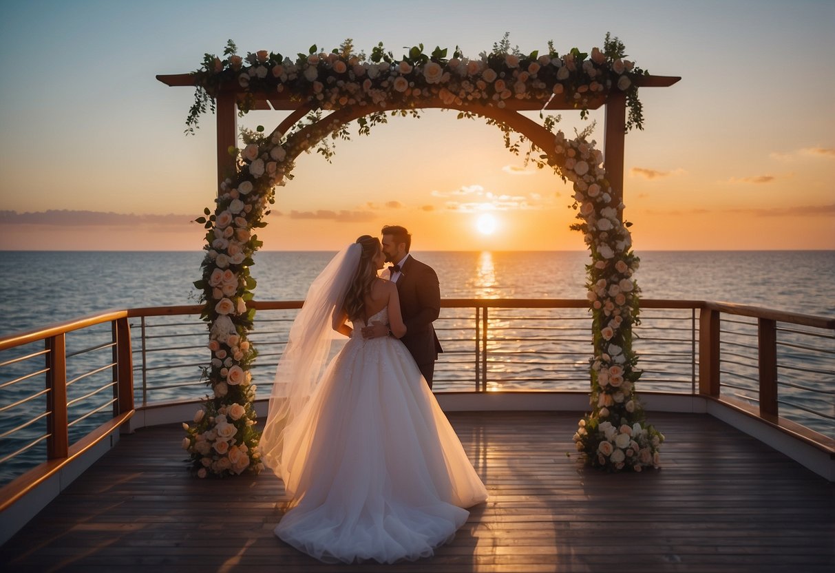 A beautiful sunset cruise with a decorated wedding arch on the deck, surrounded by sparkling ocean water and a colorful sky