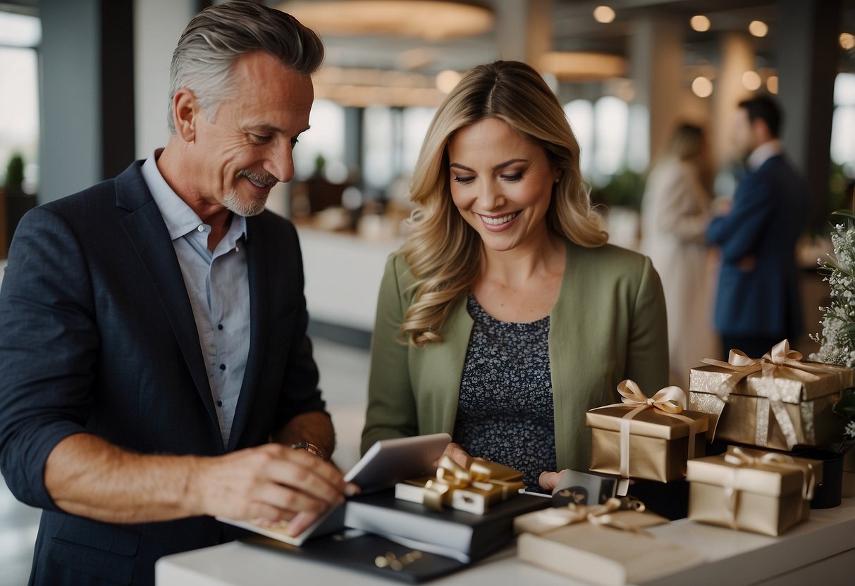 Parents browse through elegant gift options, carefully considering each one for their daughter's wedding. They compare items, discussing their choices