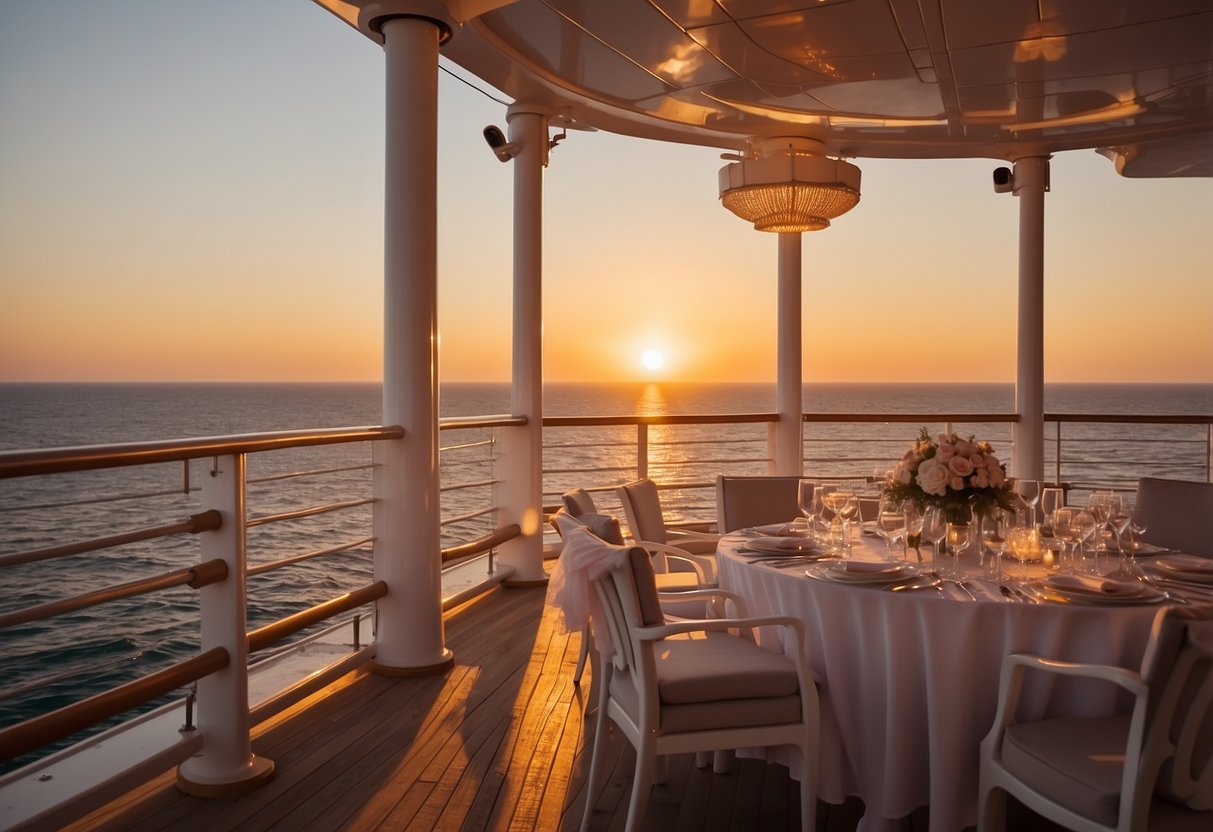 A cruise ship deck at sunset, adorned with elegant decor for a wedding ceremony. The sky is painted with warm hues, casting a romantic glow over the scene