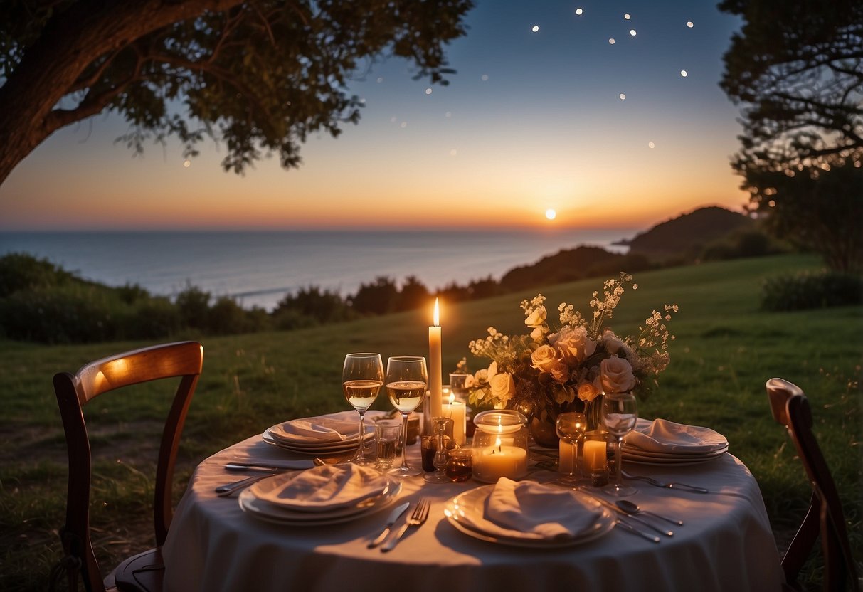 A romantic picnic under a starry sky with a candlelit dinner, surrounded by a beautiful garden and a view of the sunset over the ocean