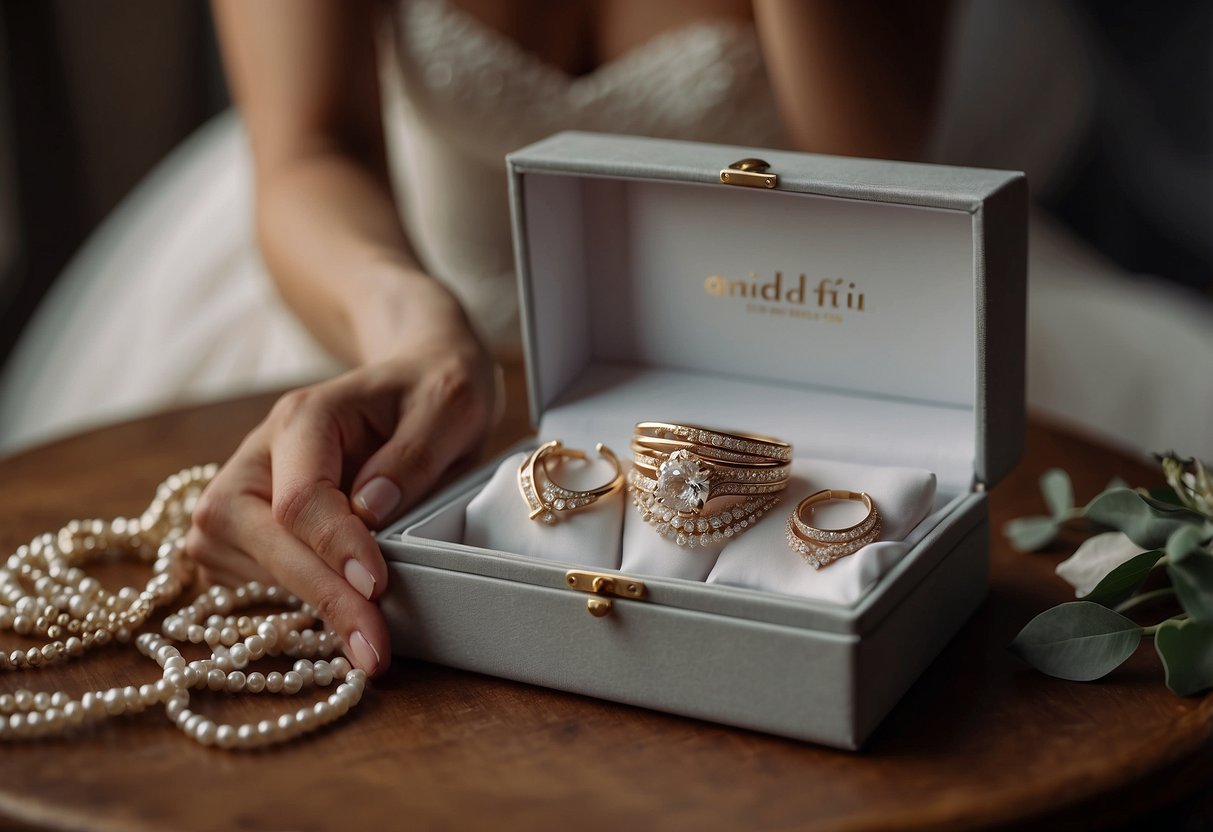 A bride sits at a table, unwrapping a delicate jewelry box. Inside, a pair of earrings glimmer in the soft light, a gift from her parents