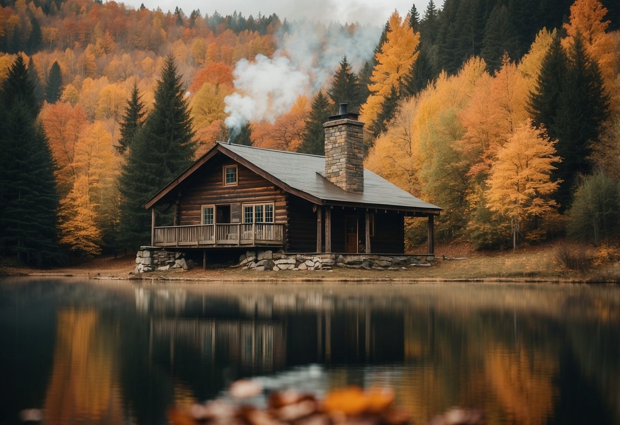 A rustic cabin nestled in the woods, smoke curling from the chimney, surrounded by autumn foliage and a serene lake