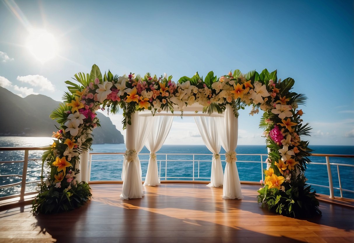 A vibrant tropical flower arch frames a seaside wedding ceremony on a luxurious cruise ship deck. Tropical blooms cascade down the sides, creating a stunning backdrop for the nuptials