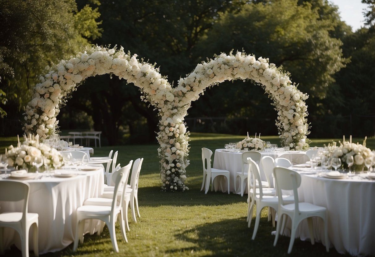 A white floral arch stands in a garden, surrounded by white chairs and tables decorated with white linens and silver accents