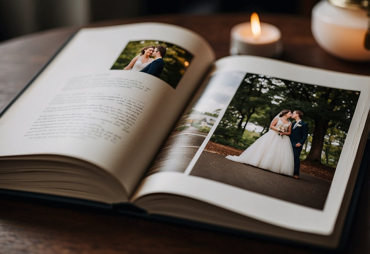 A personalized photo book sits open on a table, filled with cherished memories from a couple's wedding and subsequent years together