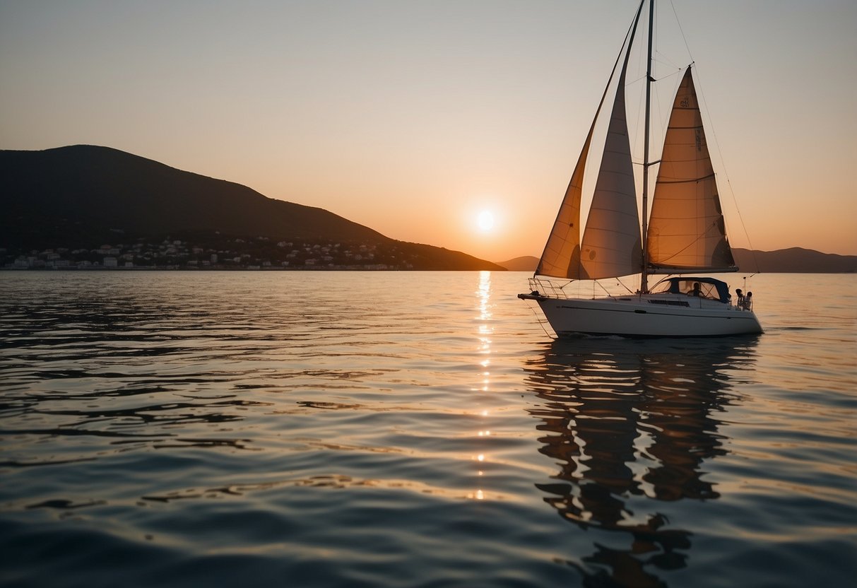 A sailboat adorned with wedding decor cruises on calm waters, with a sunset in the background