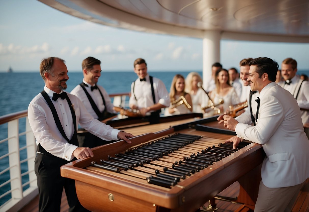 A lively marimba band plays on a cruise ship deck, with a beautiful ocean backdrop and guests enjoying a wedding celebration