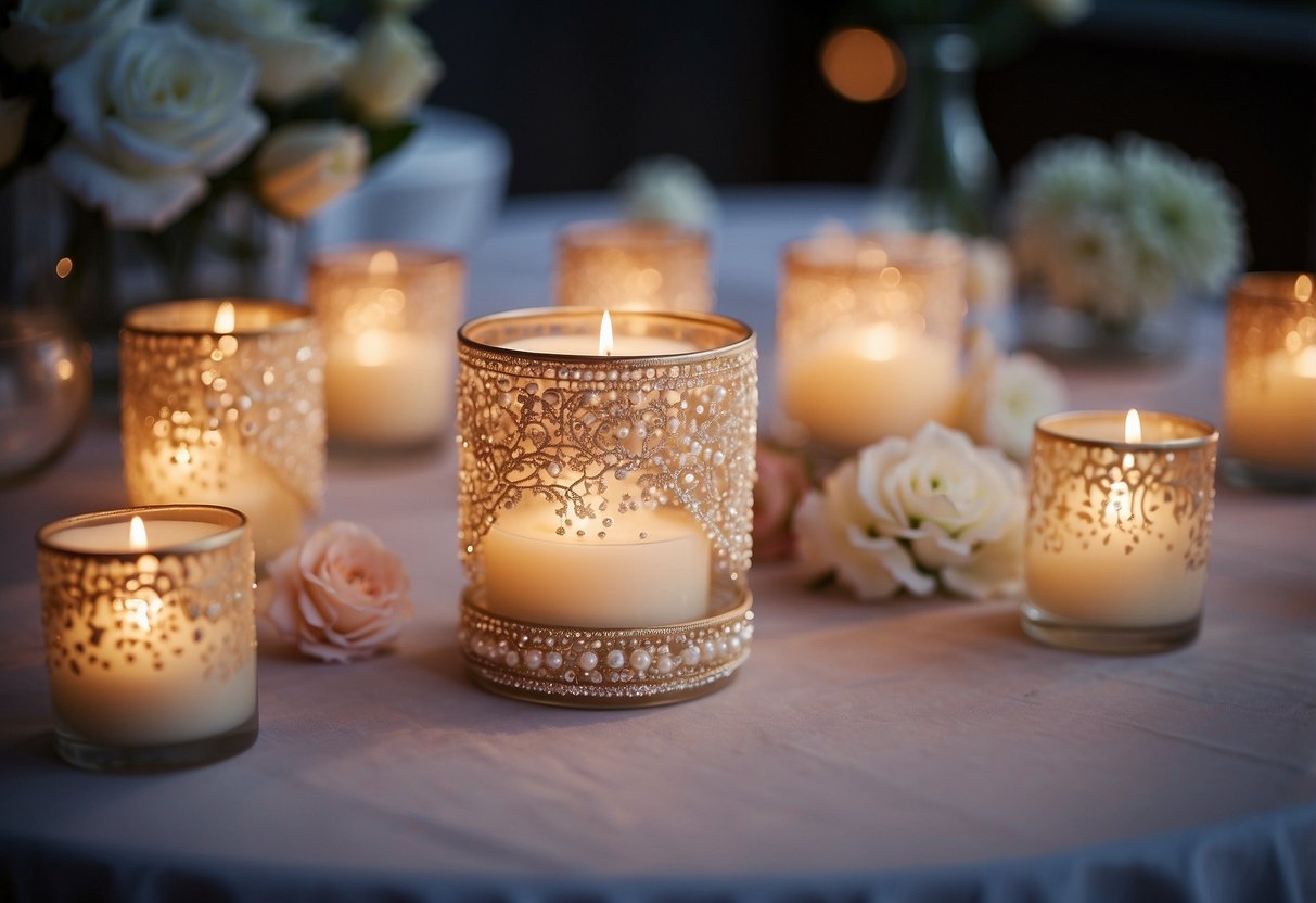 Pearl-embellished candles arranged on a white table with floral accents and soft lighting for a romantic wedding decor idea