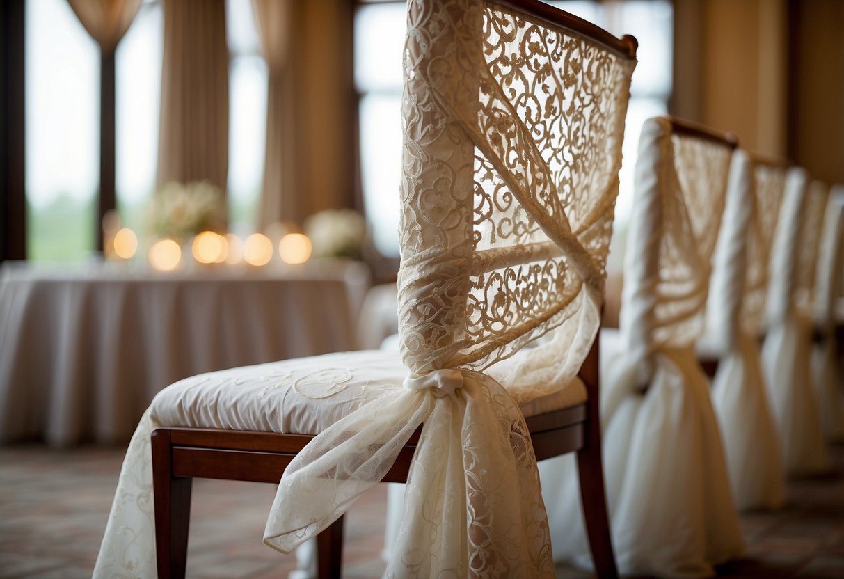 A white lace chair cover drapes elegantly over a chair, adding a touch of romance and sophistication to the wedding decor