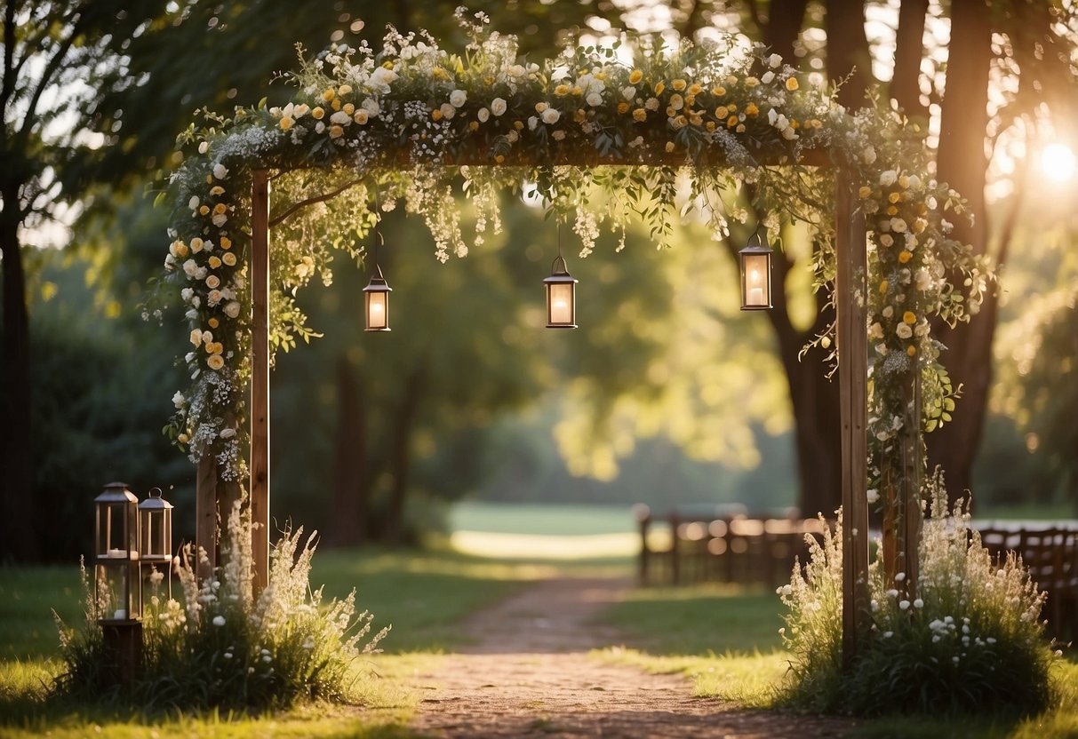 A wooden arch adorned with wildflowers stands in a sun-dappled clearing. Lanterns hang from tree branches, casting a warm glow over the rustic outdoor wedding setting