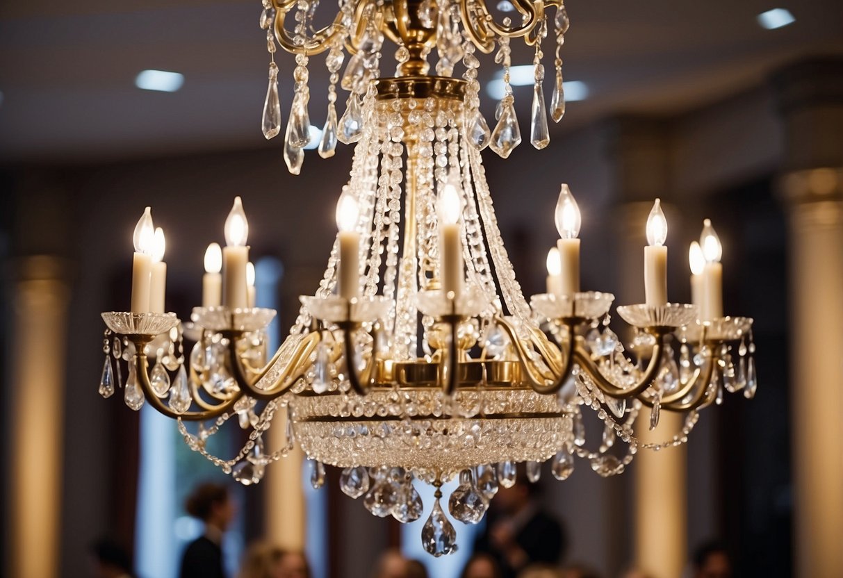 A grand crystal chandelier hangs above a white wedding reception, casting sparkling light onto elegant decor and adding a touch of luxury to the ambiance