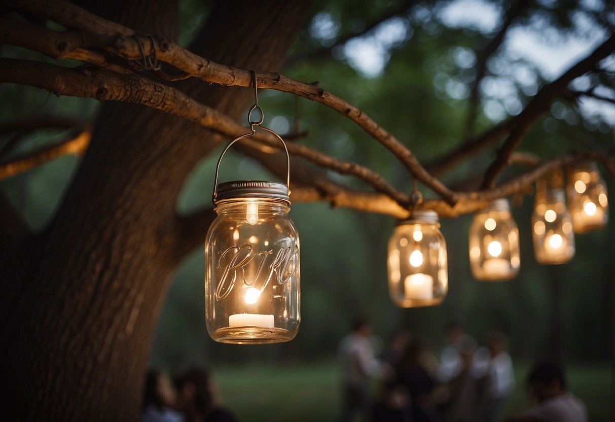 Rustic mason jar lanterns hang from tree branches at an outdoor wedding, casting a warm glow over the rustic decor