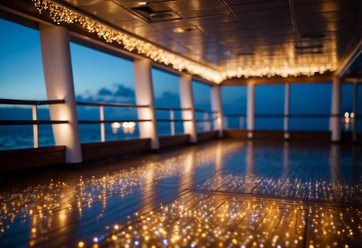 A starlit dance floor glows on the deck of a cruise ship, surrounded by twinkling lights and ocean waves