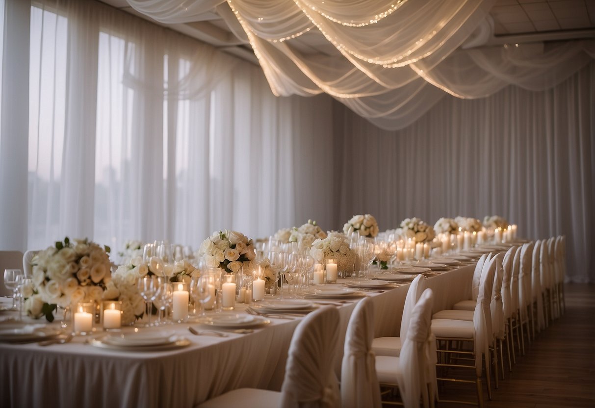 A white tulle drapery cascades from the ceiling, creating an elegant and romantic backdrop for a wedding ceremony or reception