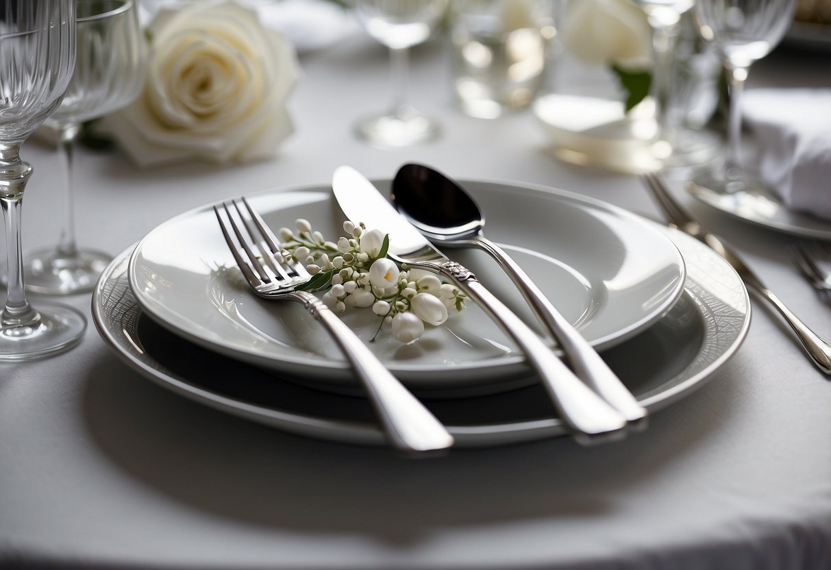 A silver cutlery set arranged on a white table with elegant wedding decor